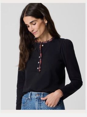 NEW Jcrew Black Long-Sleeve cotton Top with Contrast Trim